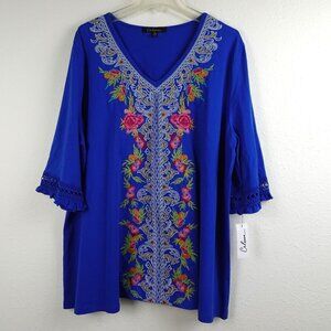 Calessa Embroidered Tunic Top Women's Size 2X Blue Loose Fit V-Neck